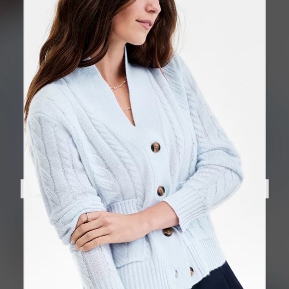 Charter Club 100% Cashmere Cable-Knit Cropped Cardigan Sweater True Light Blue - Picture 2 of 6
